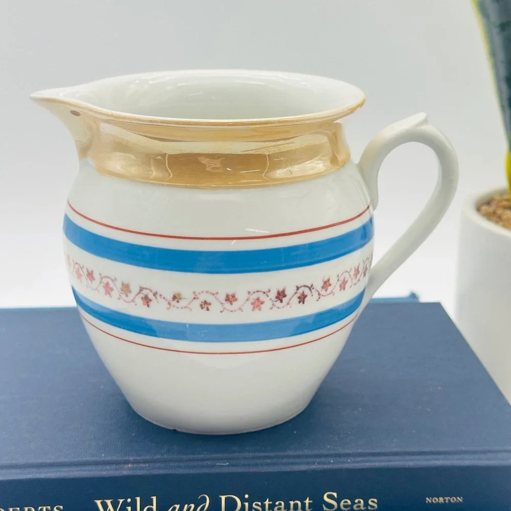 Made‎ in Czechoslovakia Vintage Porcelain Creamer Blue Stripes Floral Luster Rim